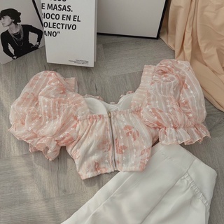 Set croptop hoa cúp ngực đan dây+ short
