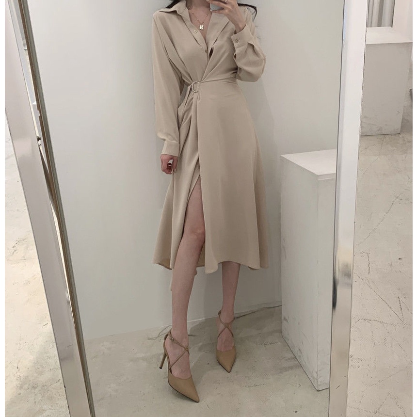 Đầm Sơ Mi Nữ Tay Dài Buộc Eo Thời Trang Hàn Quốc