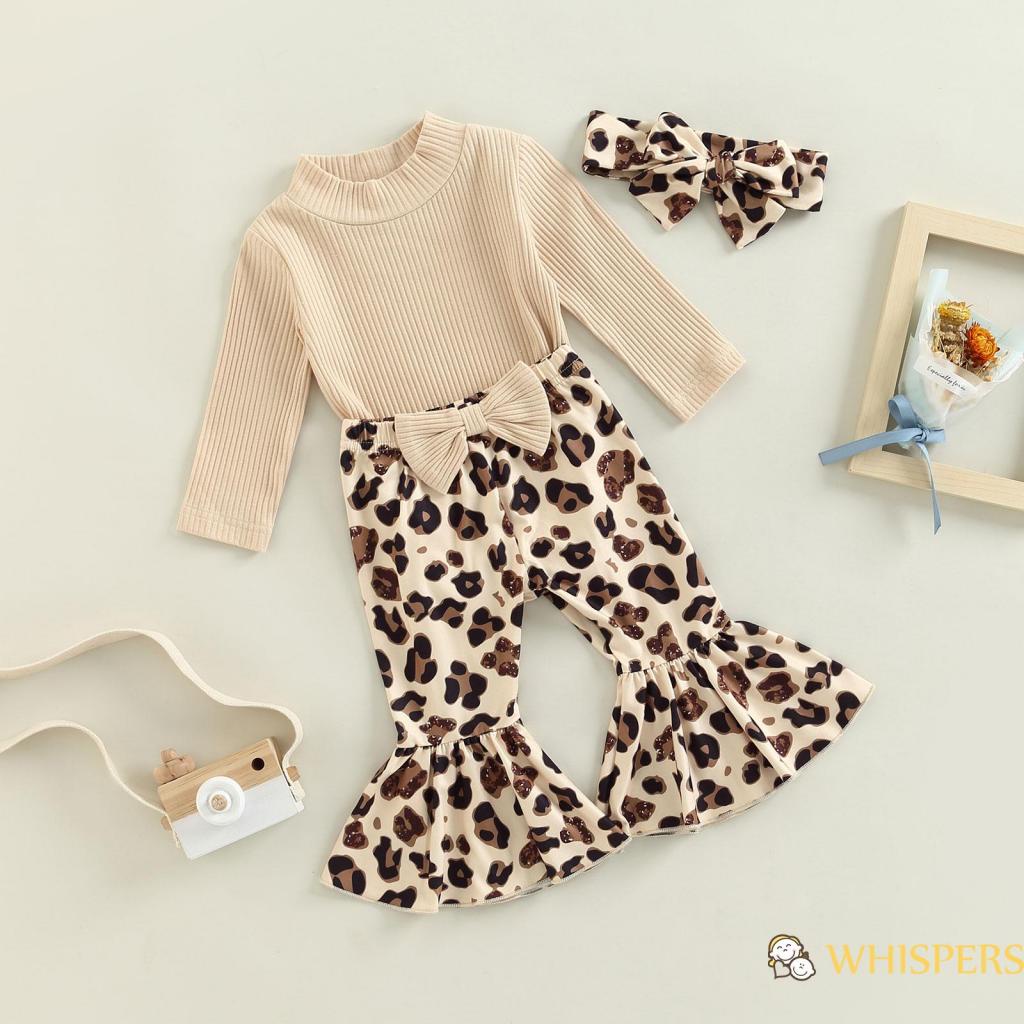 Set Áo Liền Quần Tay Dài + Quần Dài Họa Tiết Da Báo + Băng Đô Nơ Cho Bé Gái