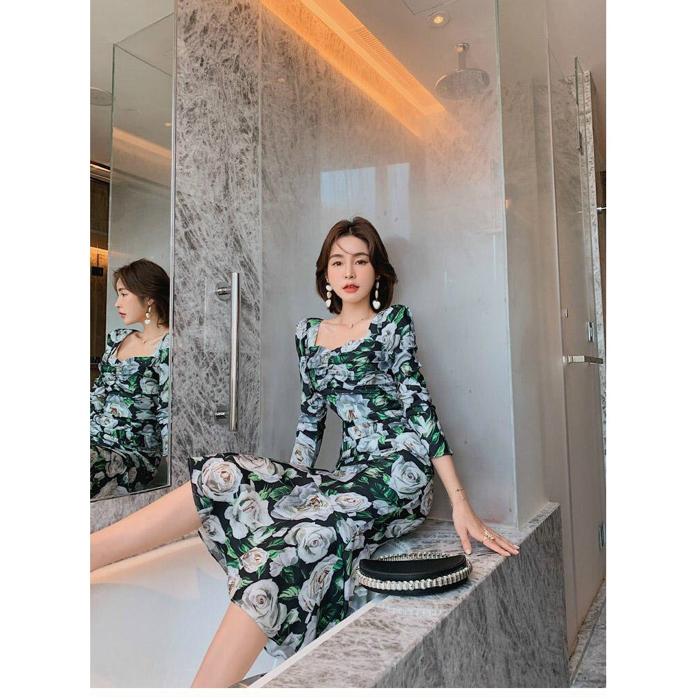 ĐẦM BODY LỤA HOA HỒNG ĐUÔI CÁ CỔ VUÔNG CAO CẤP - MH309370 - HÀNG QUẢNG CHÂU
