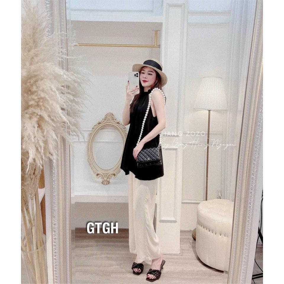 SET ÁO LỤA NT ĐEN CỔ YẾM QUẦN BE | BigBuy360 - bigbuy360.vn