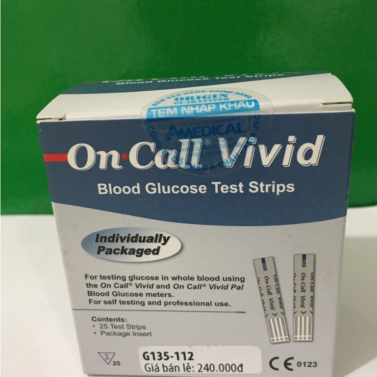 Hộp que thử đường huyết On call Vivid, hộp 25 que rời đóng trong từng gói, sử dụng với máy đo đường huyết Oncall vivid.