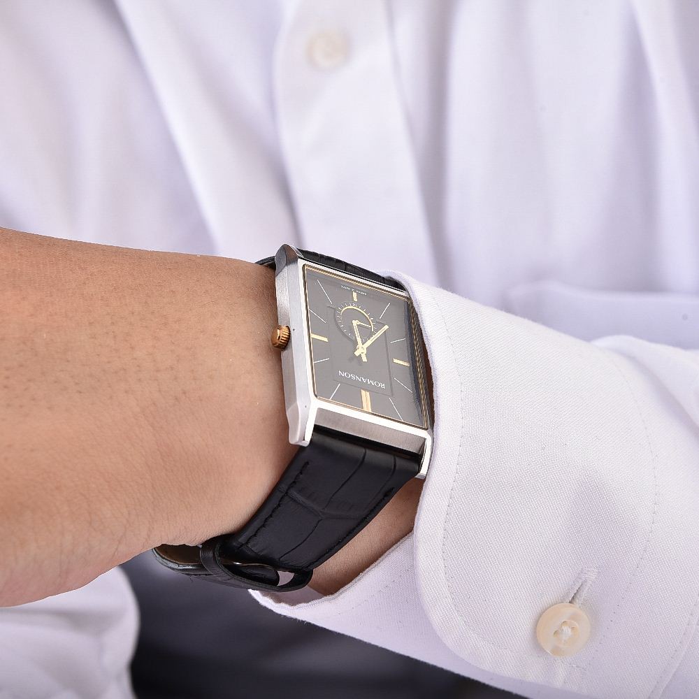 Đồng hồ Romanson Men Watch TL3237JMCBK nam mặt nhỏ kính Sapphire chống xước máy Thụy Sĩ dây da cao cấp chính hãng