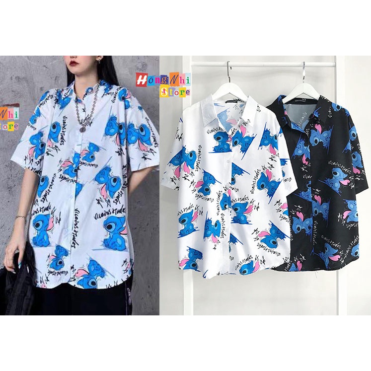 Áo Sơ Mi Họa Tiết Hoạt Hình Tay Lỡ Dáng Rộng Ulzzang Unisex, Sơ Mi Đi Biển - MM