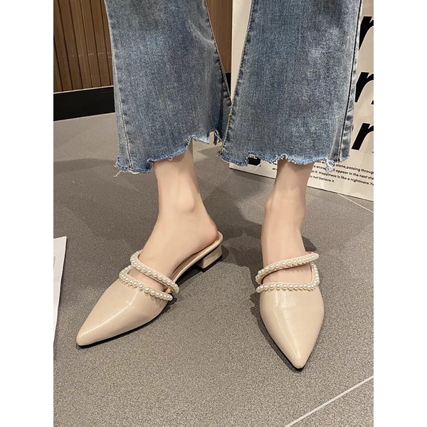 [Free Ship] Giày sục nữ gót thấp mũi nhọn phối 2 dây chéo đính hạt ngọc bản nhỏ TT40 shose_fashion13