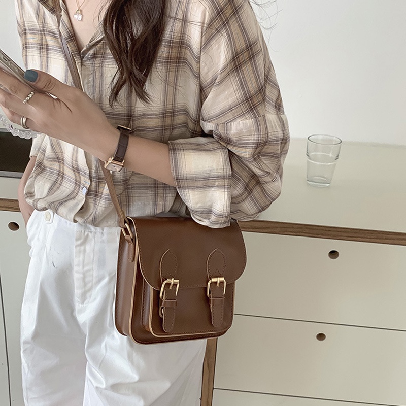 Túi đeo chéo da PU màu trơn hình vuông phong cách Hàn Quốc cổ điển đơn giản thời trang cho nữ