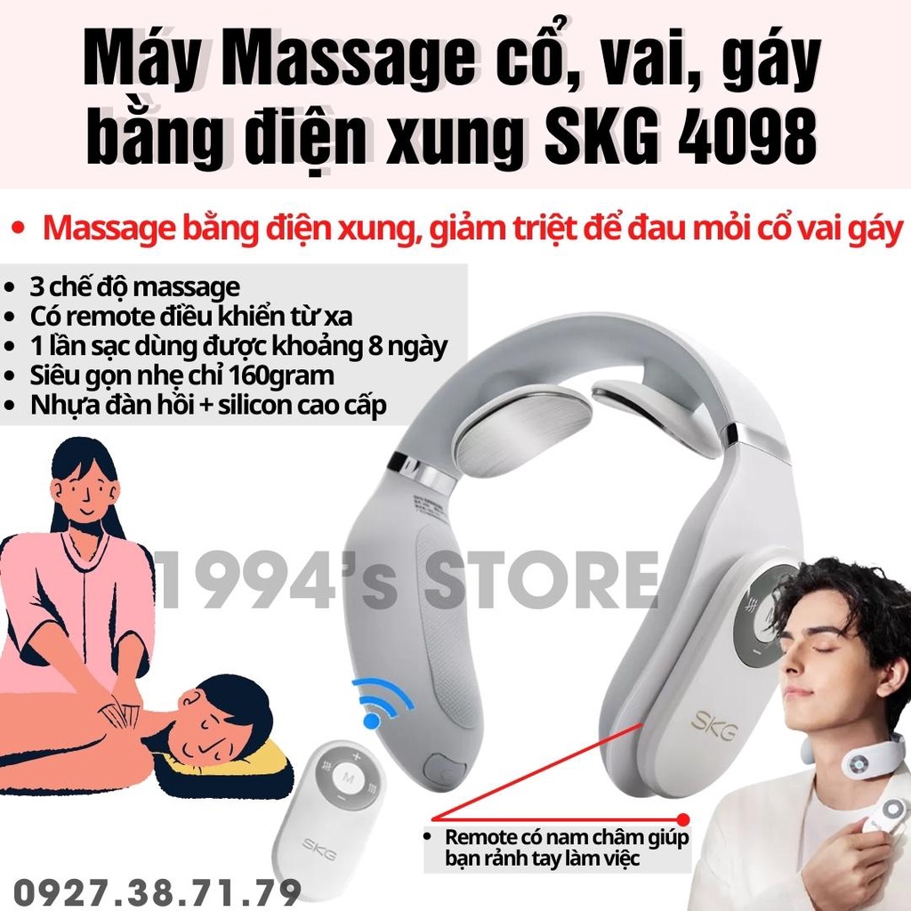 (CÓ SẴN) Máy Massage Cổ Vai Gáy Điện Xung SKG 4098 Bản 2022: Hàng Nội Địa Cao Cấp của Trung Quốc - Kèm Remote Điều Khiển