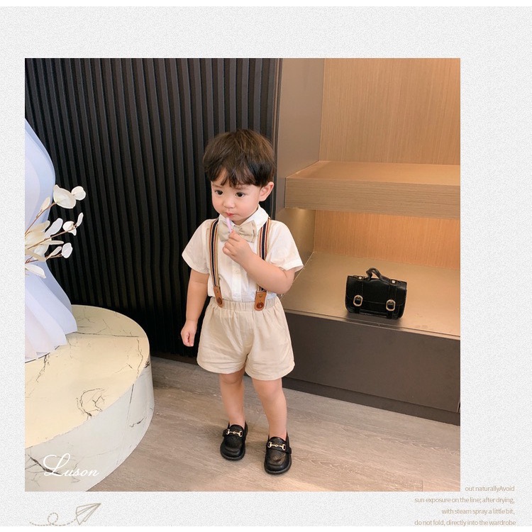 Bộ sơ mi đai Y cổ nơ quần kem bé trai