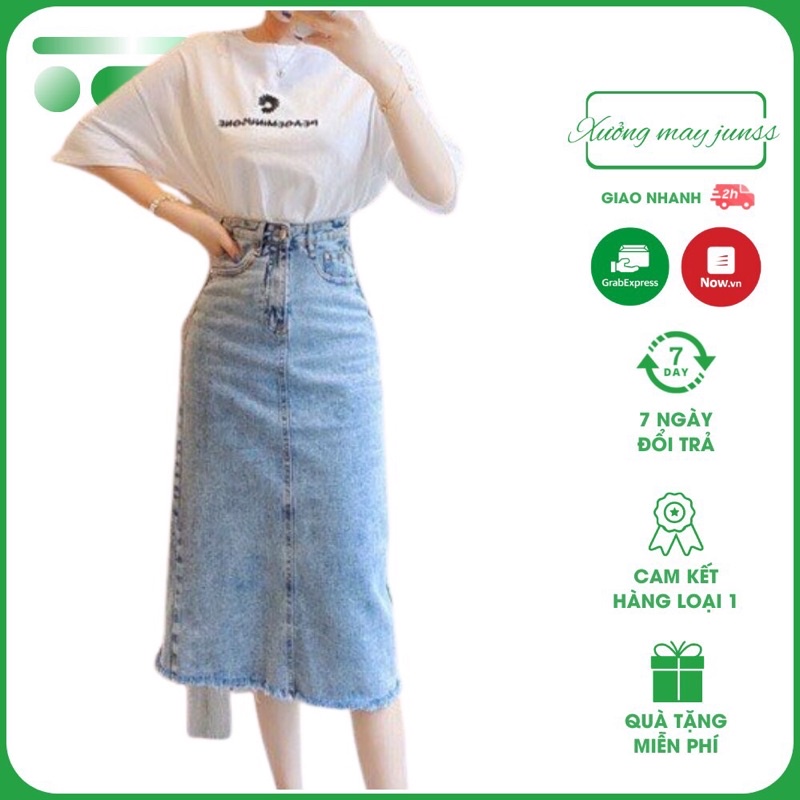 Chân váy bò nữ cạp cao, dáng dài xẻ tà,Chân Váy Jeans Dáng Dài Cạp Cao Xẻ Gấu Phong Cách Ulzzang (chân váy sẻ sau)