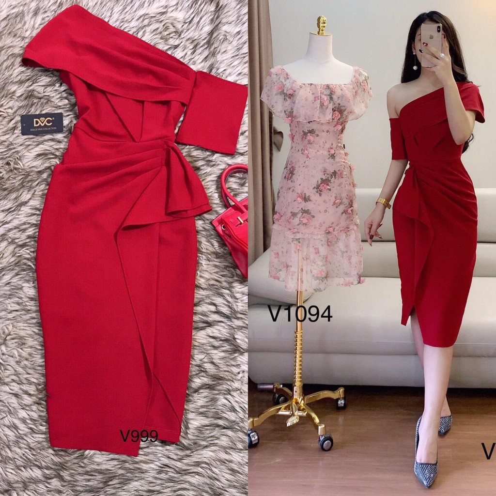 Váy body đỏ lệch vai bèo eo V999 - DVC phân phối chính thức (Kèm ảnh thật trải sàn do shop tự chụp)