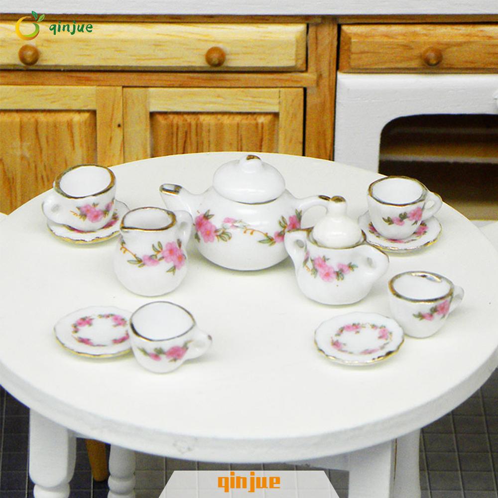 QINJUE 11pcs Kit Porcelain Tea Cup Set Chic Style 1/6 1/12 Miniature Dollhouse Accessories Toys with|Trim Kitchen Home Decoration Floral Pattern Dining Ware