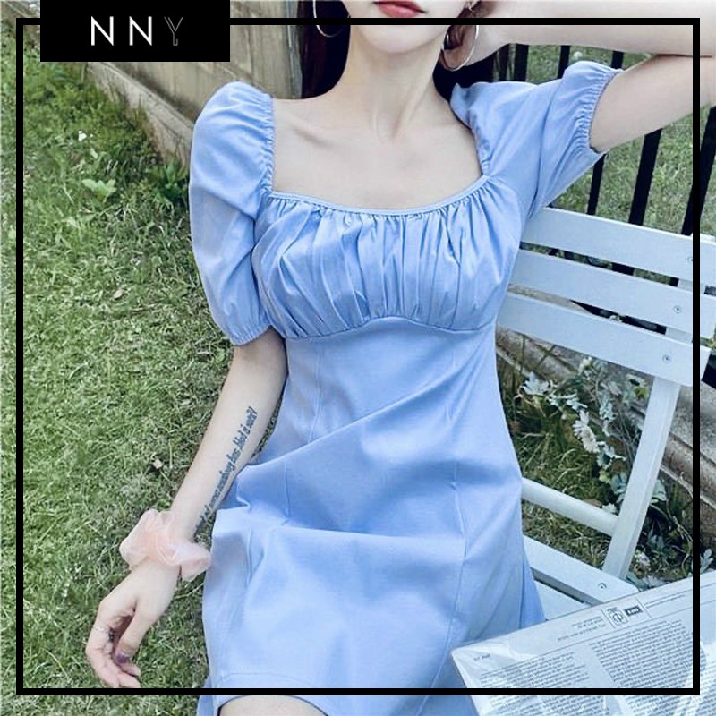 Váy cổ vuông nhún ngực EMMA DRESS XANH - V016
