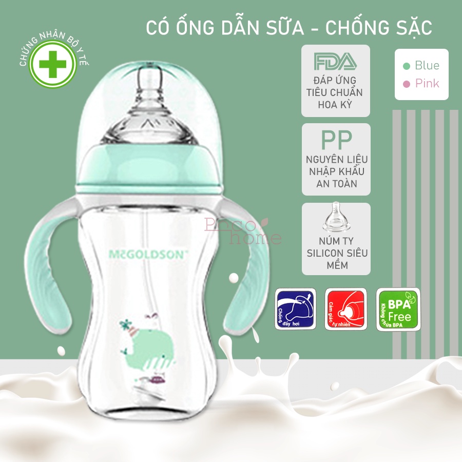 Bình Sữa PP Cổ Rộng Cao Cấp McGOLDSON 180ml/240ml Có Van Chống Sặc Tặng Ty giả có nắp cho bé