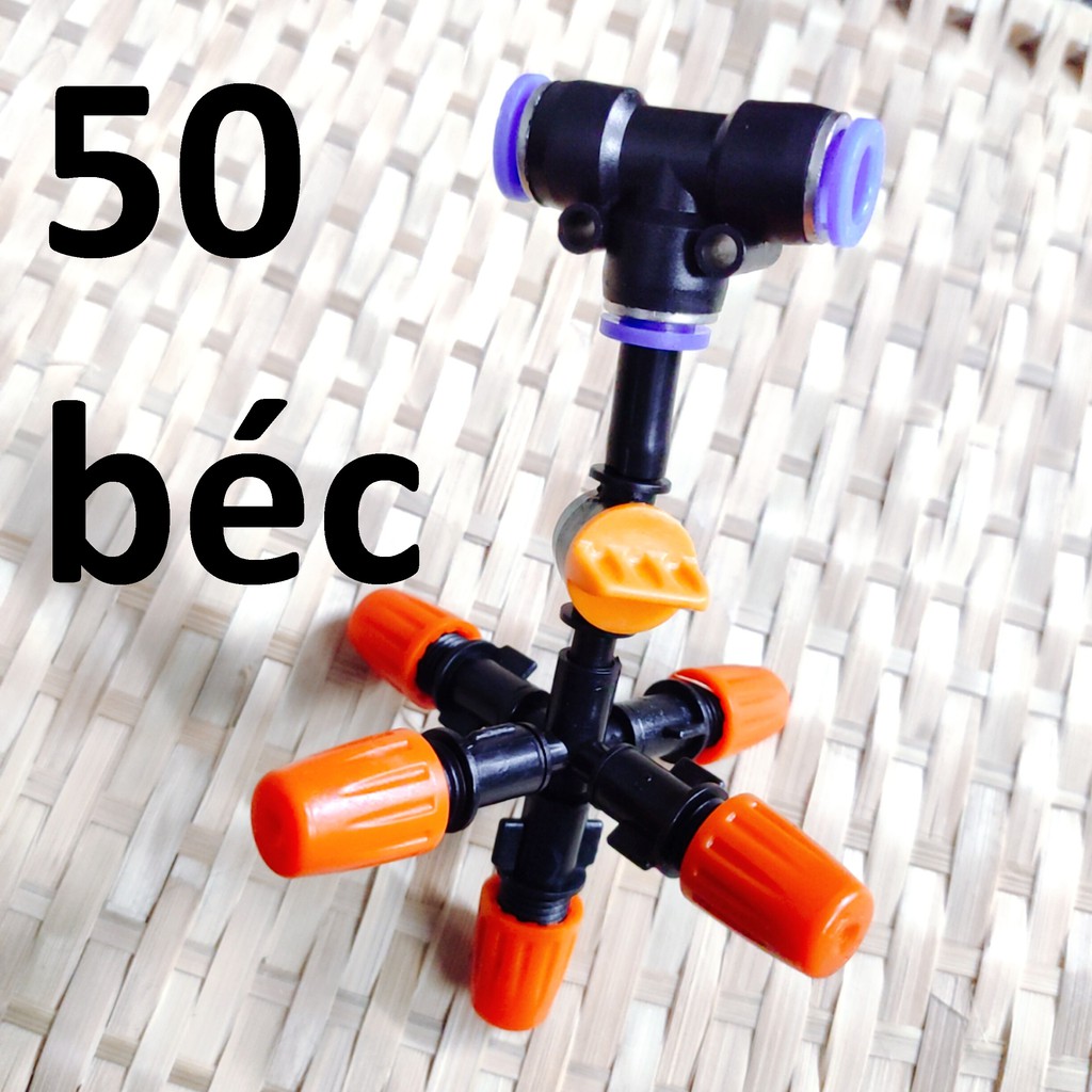 50 Béc tưới cây, phun sương 5 tia nhựa, có van khóa đầu béc, kết nối ống 8mm