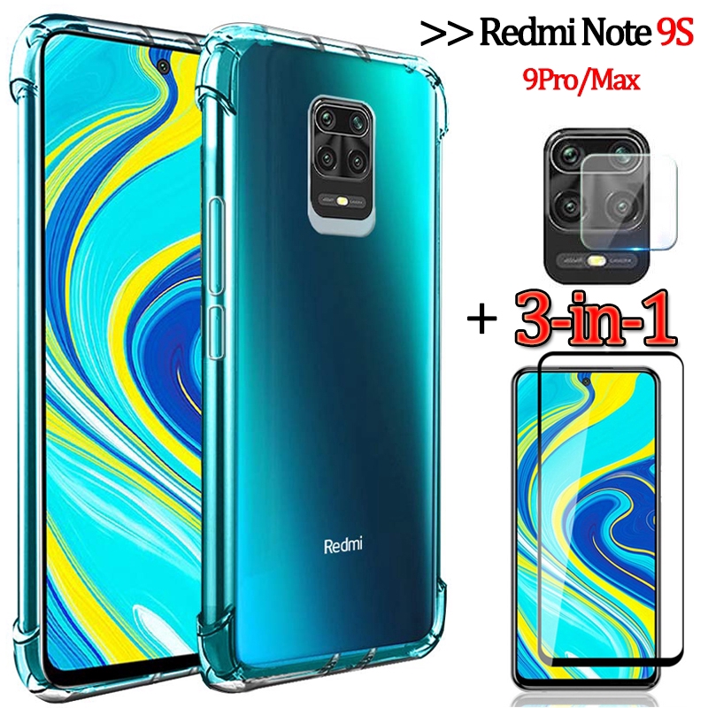Ốp điện thoại TPU mềm trong suốt + Kính cường lực bảo vệ màn hình 3 trong 1 cho Xiaomi Redmi Note 9s/9/9Pro/9Pro Max