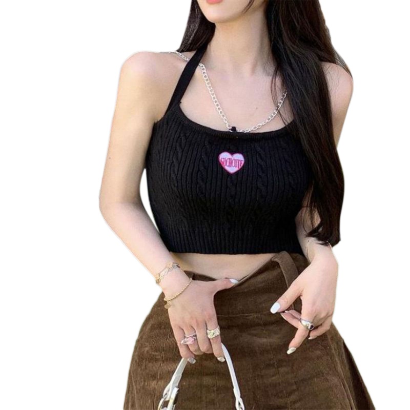 Áo Croptop Dệt Kim Không Tay Thêu Hình Trái Tim Quyến Rũ Cho Nữ