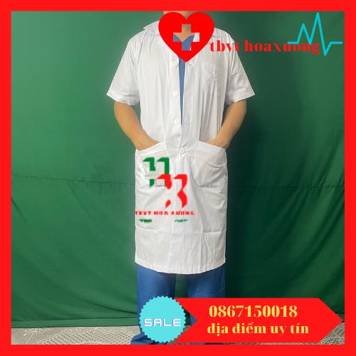 Áo blouse trắng , áo khoác bác sĩ , dược sĩ , điều dưỡng viên nam cộc tay dáng dài