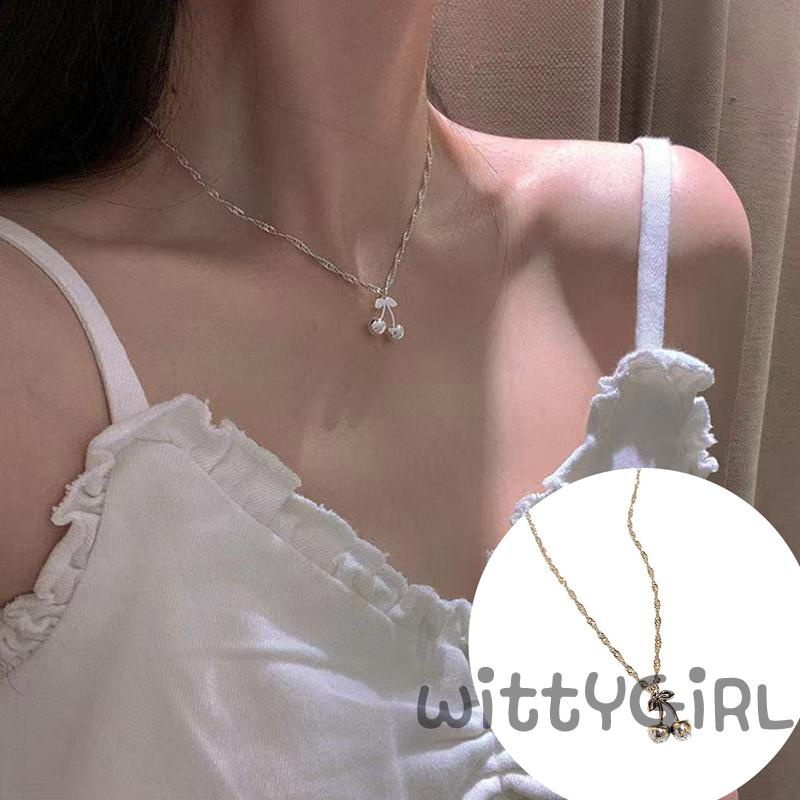 Vòng cổ kim loại màu trơn phối mặt hình quả anh đào cho nữ