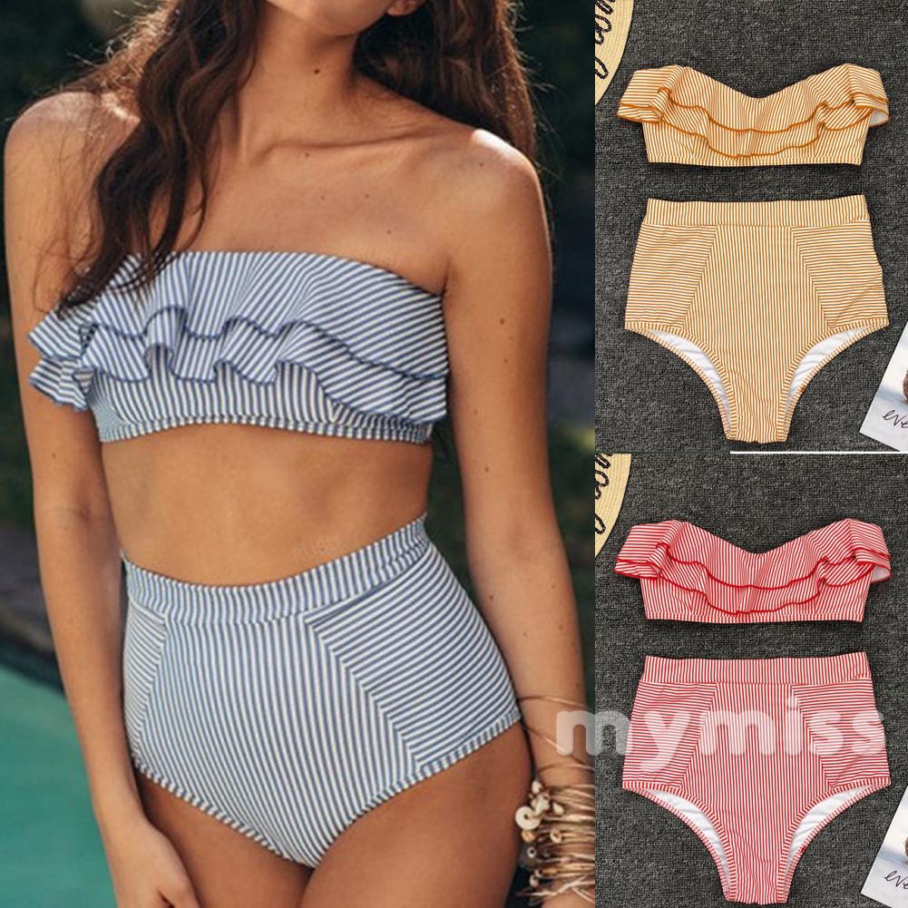 Bikini 2 mảnh áo cúp ngực không dây và quần cạp cao họa tiết kẻ sọc quyến rũ