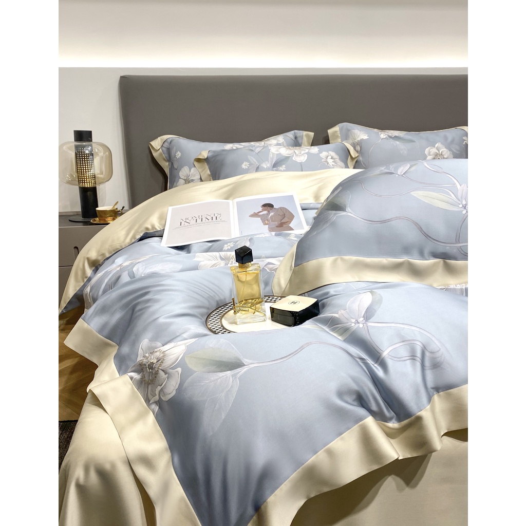 Bộ chăn ga gối 5 món 100%Tencel 60s, họa tiết Cây dây leo lan tiêu thanh tao và sang trọng, chất liệu mềm mịn mát