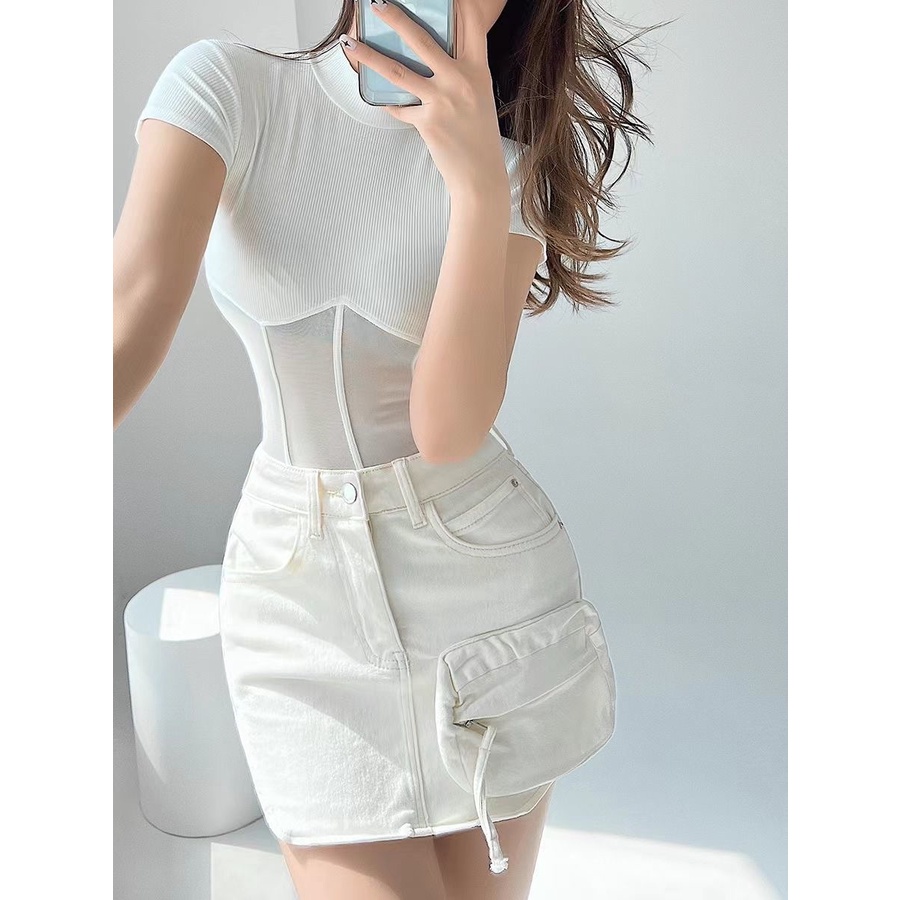 Áo Croptop Dệt Kim Mềm Phối Lưới Xuyên Thấu Cổ Cao Ngắn Tay Thời Trang Gợi Cảm Cho Nữ 2023