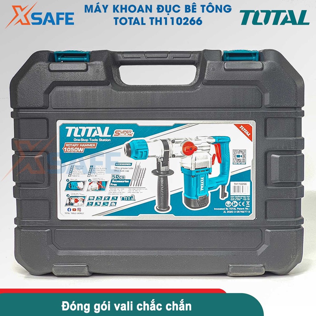 Máy khoan đục bê tông TOTAL TH110266 1050W, đầu gài mũi SDS plus, kèm 3 mũi khoan 2 mũi đục [CHÍNH HÃNG][XSAFE]