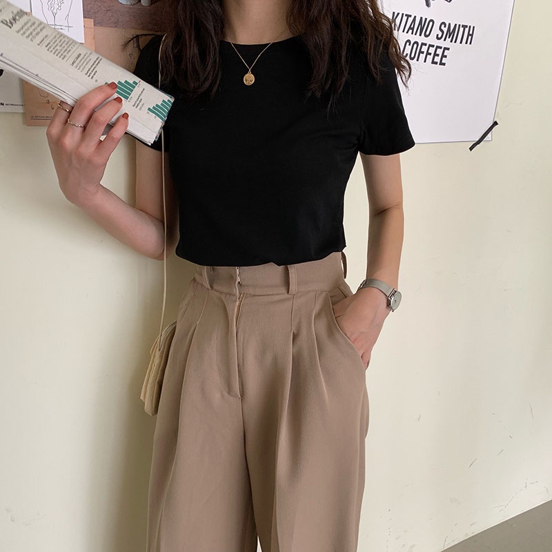 Thời Trang Áo Thun Tay Ngắn Màu Trơn Phong Cách Hàn Quốc