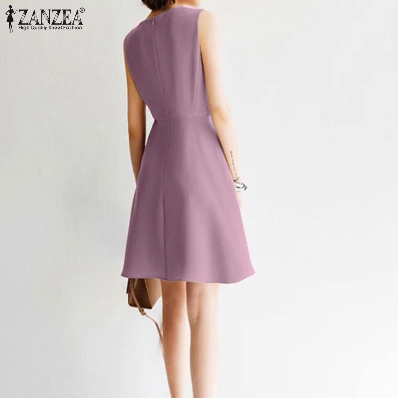Zanzea Đầm Midi Không Tay Cổ Tròn Thời Trang Vintage Cho Nữ