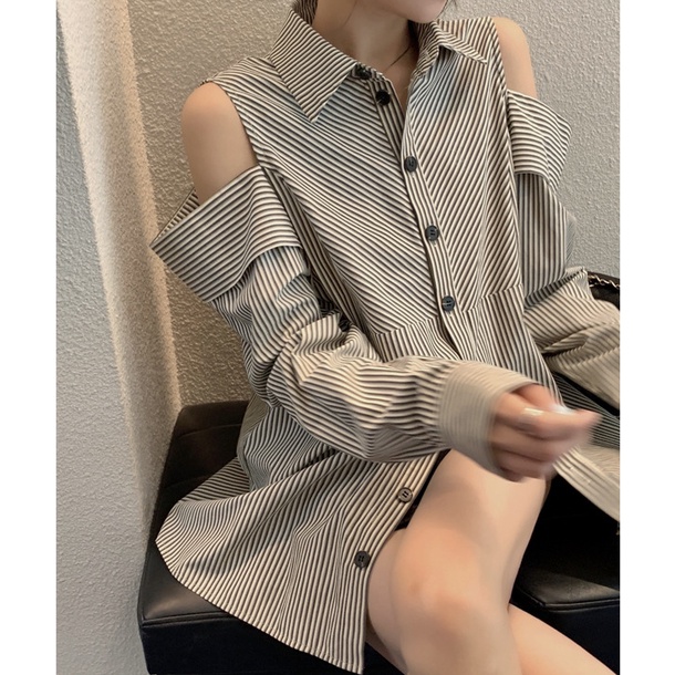 Áo Sơ Mi Nữ Tay Dài Hở Vai Họa Tiết Kẻ Sọc Thời Trang Hàn Quốc