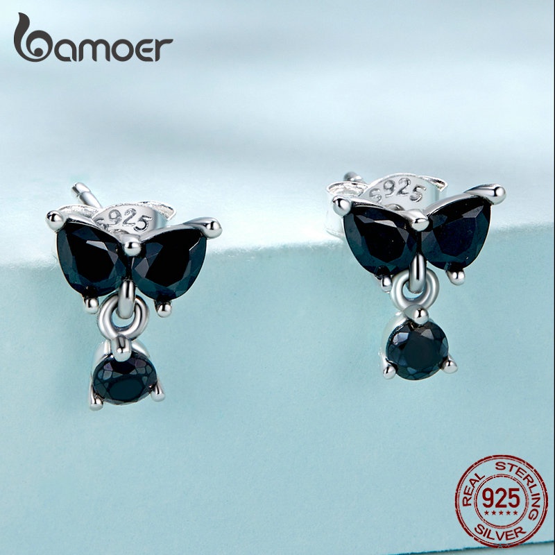 BAMOER Bông Tai Xi bạc 925 ĐíNh Đá Zircon MàU Đen