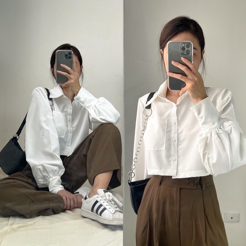 [Ảnh thật/Video]ÁO SƠMI CROPTOP MỚI dài tay ba cúc phong cách Ulzzang siêu Hàn Quốc