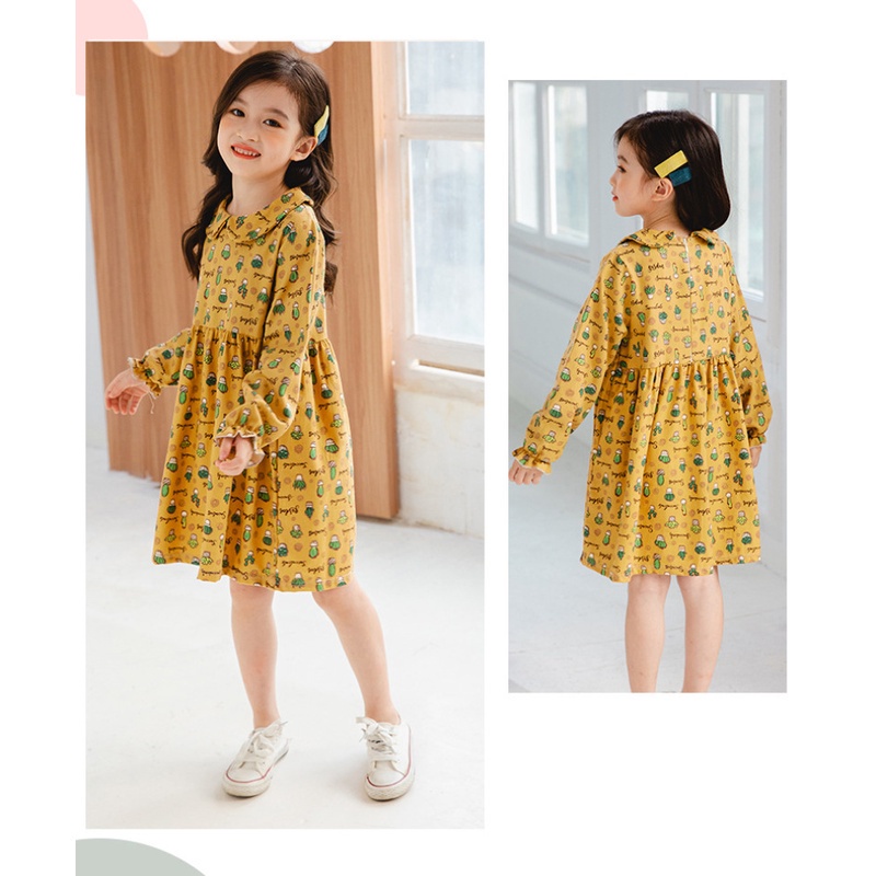 Đầm cotton tay dài cổ búp bê in họa tiết hoa nhí xinh xắn thời trang cho bé gái 100-150 yards