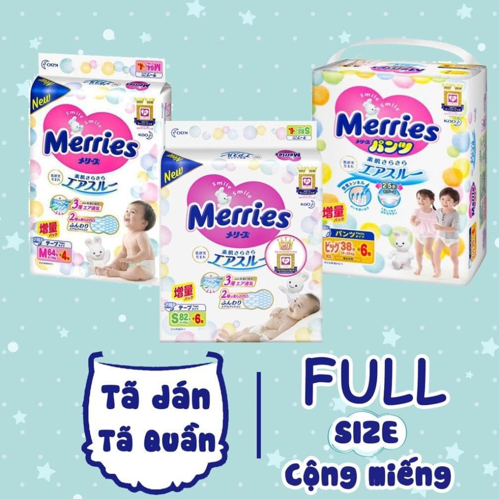 (CỘNG 6 MIẾNG) Bỉm dán/ quần Merries N90+6, M64+4 , Xl38+6