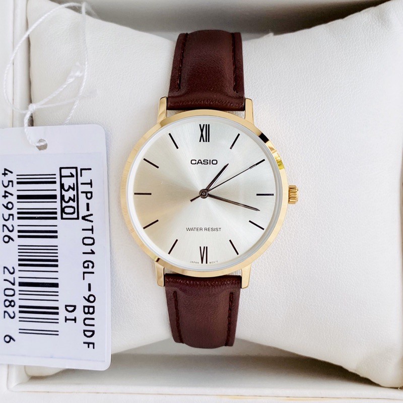 Đồng hồ Nữ Casio LTP-VT01GL-9B, đồng hồ chính hãng, dây da nâu mặt ánh vàng, viền vàng