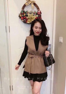 Set áo len cổ cao và gile dạ (hình thật)