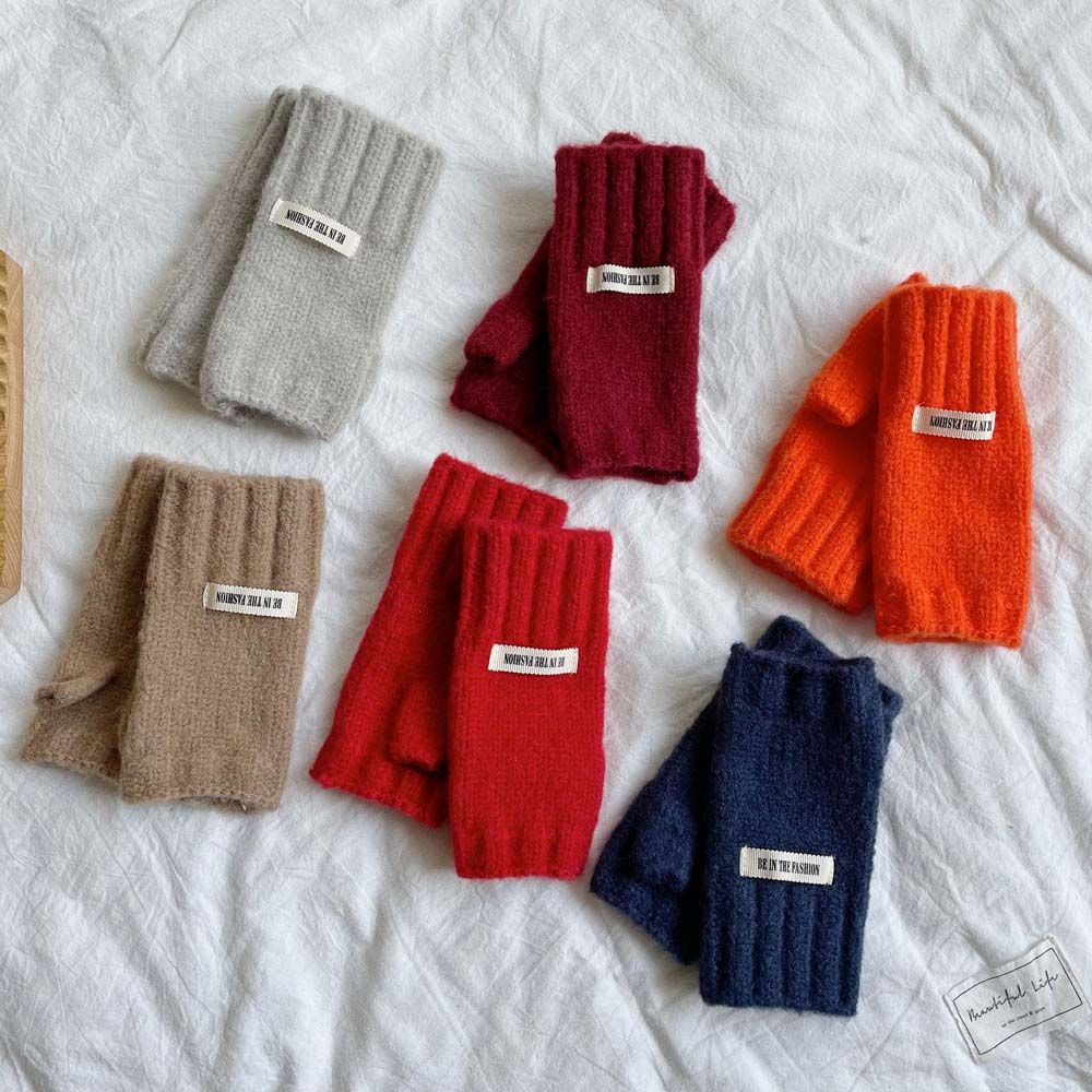 Găng Tay Len Hở Ngón Màu Trơn Dày Dặn Giữ Ấm Dành Cho Nam Nữ