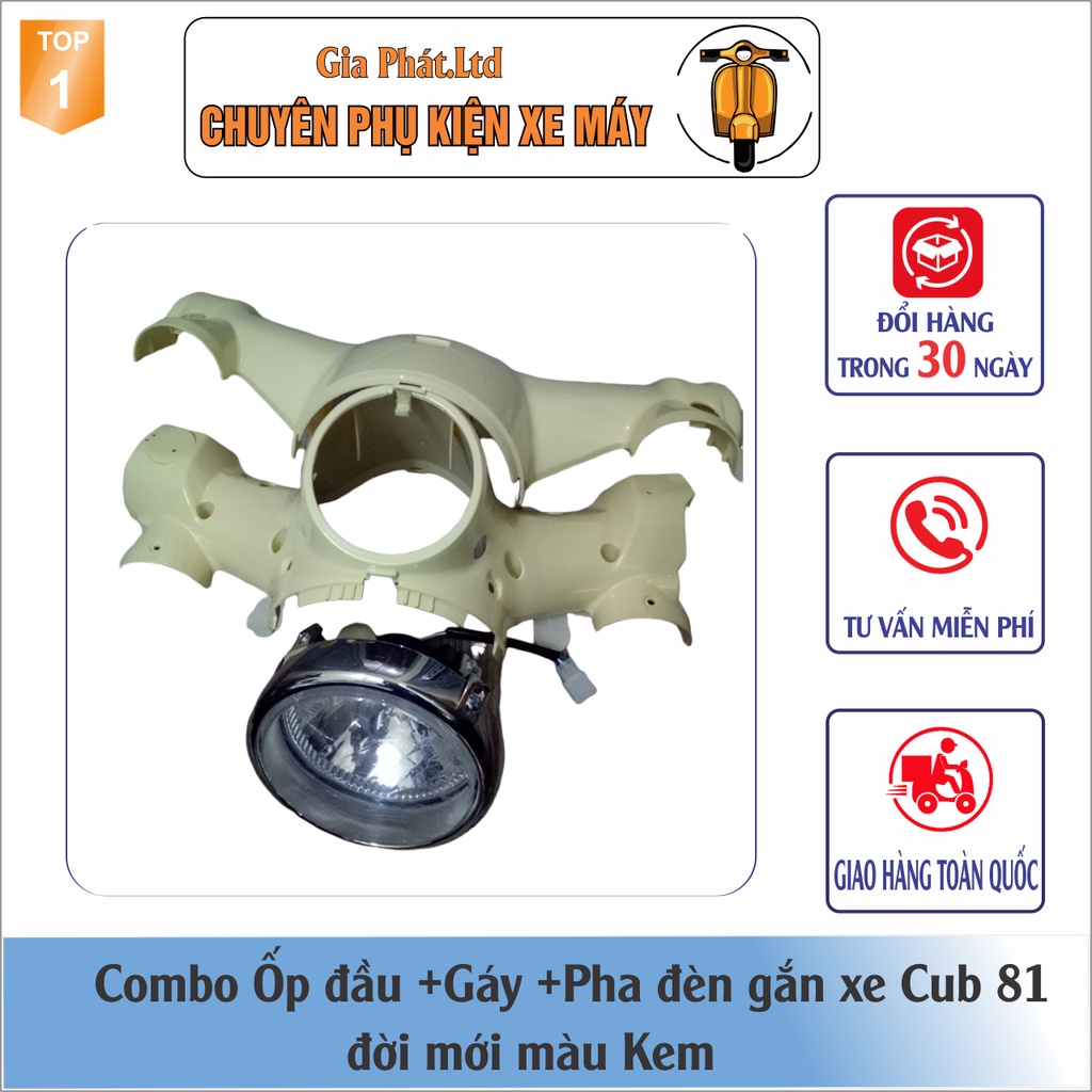 Combo Ốp đầu màu KEM gắn xe Cub 81 đời mới đầy đủ ốp đầu trước,gáy sau và pha đèn kèm bóng