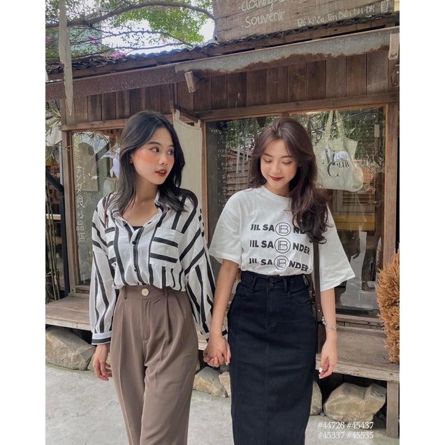 ÁO SƠMI-44726-2túi vuông-tay phồng-kẻ dọc/ QUẦN CULOTTES-3042-chiết li-1nút to / ÁO THUN-45337-JILSABNDER