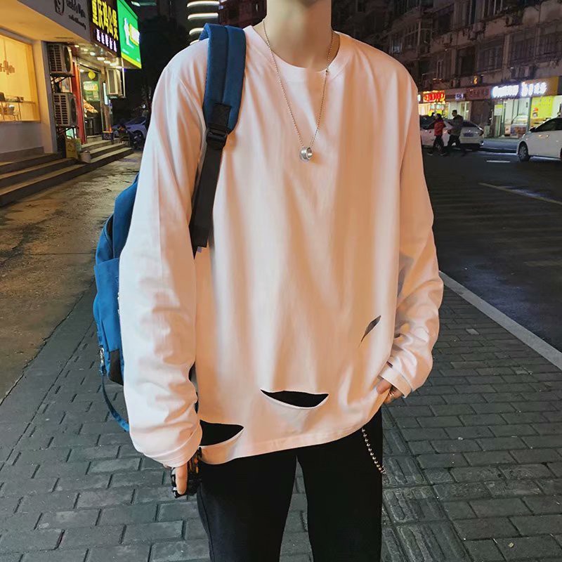 Áo thun dài tay dáng rộng rách phong cách hiphop Hàn Quốc cá tính size M-3XL | BigBuy360 - bigbuy360.vn