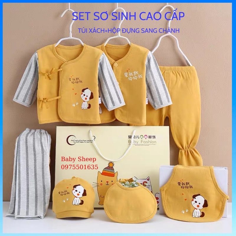 SET QUÀ TẶNG QUẦN ÁO SƠ SINH 7 CHI TIẾT HOẠ TIẾT CÚN CON KÈM HỘP ĐỰNG LÀM QUÀ