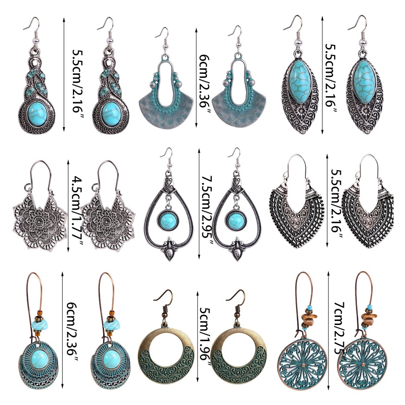 Set 9 Đôi Bông Tai Mạ Bạc Đính Đá Ngọc Lam Phong Cách Bohemian