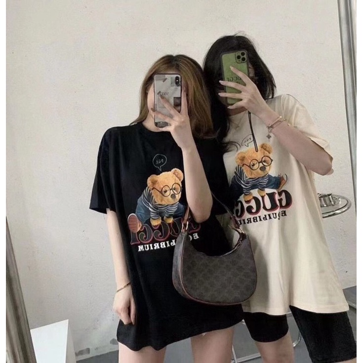 GUCCI Áo thun tay ngắn dáng rộng in hình gấu dễ thương