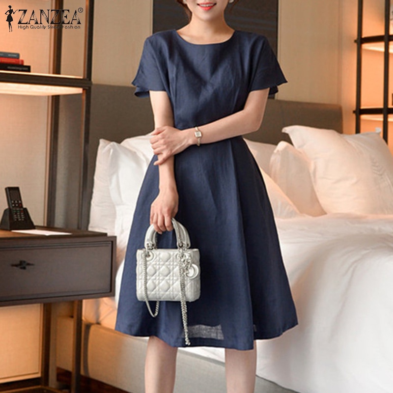 Đầm midi Zanzea cotton ngắn tay cổ tròn xếp ly eo cao phong cách Hàn Quốc thời trang cho nữ có túi bên hông
