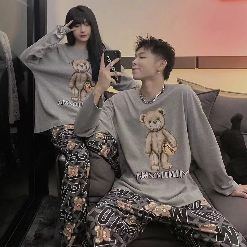 Set đồ ngủ tay dài dáng rộng phong cách Hàn Quốc dễ thương thời trang mùa thu cho nam nữ
