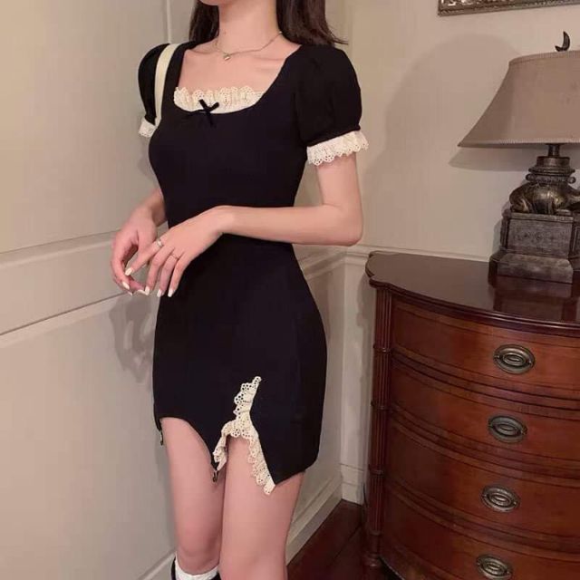 (Sẵn) Đầm body đen viền ren tiểu thư siêu xinh / Váy ôm body sexy xẻ tà (có ảnh thật feedback) | BigBuy360 - bigbuy360.vn