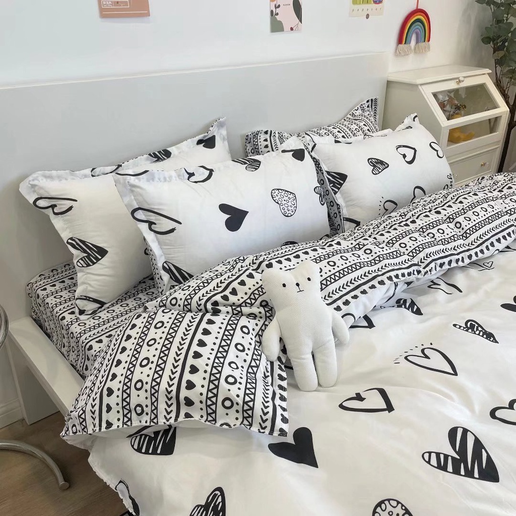 Bộ chăn ga gối Poly Hàn Quốc Tim trắng cho người đang yêu (Tặng vỏ gối ôm) - Miễn phí bo chun