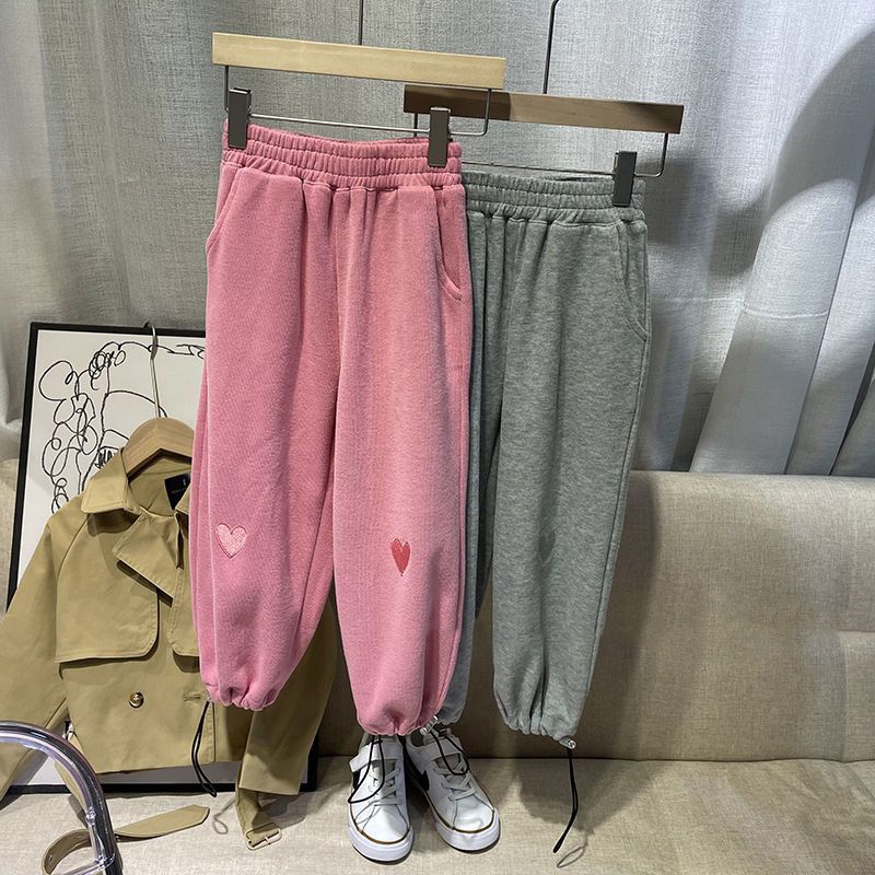 MNGRL Quần jogger MNGRL ống rộng co giãn dây rút in họa tiết trái tim phong cách Hàn Quốc cho bé gái