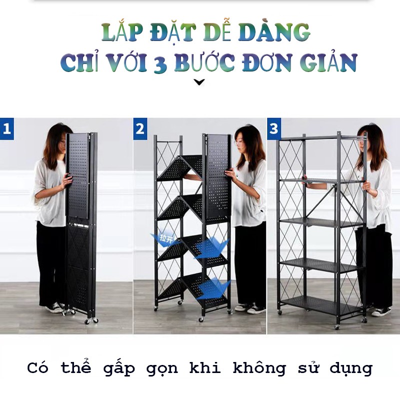 Kệ Giá Để Đồ Gấp Gọn Đa Năng 3-4-5 Tầng Có Bánh Xe Xoay 360 Độ Sơn Tĩnh Điện Bóng 5 lớp xịn