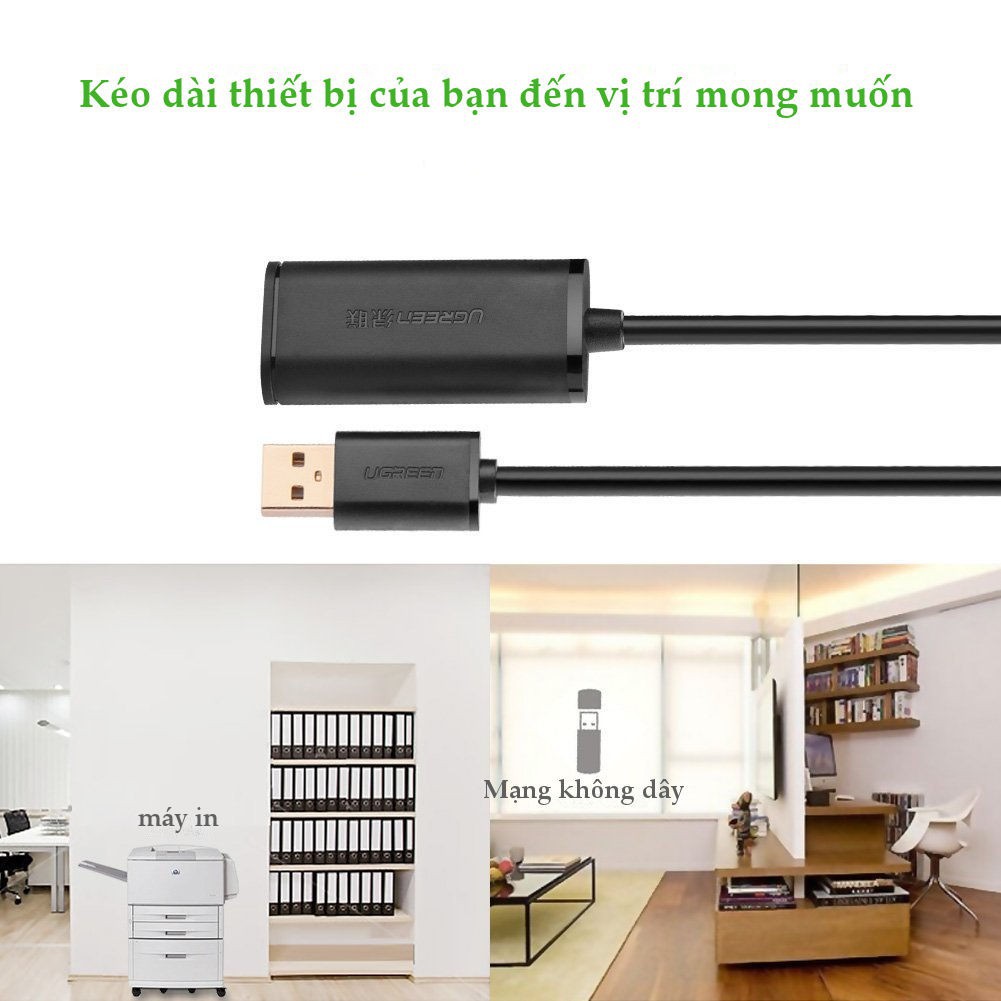 Cáp nối dài USB 2.0 15M chính hãng Ugreen 10323 mạ vàng, IC khuếch đại