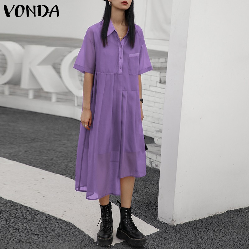 VONDA Women Two Piece Turn Down Collar Short Sleeve Button Dress